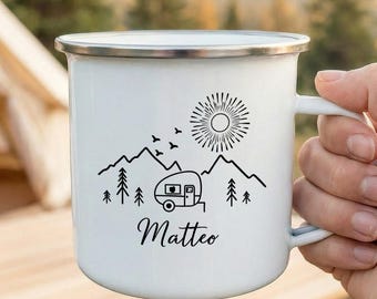 Custom Name Camp Cup, Personalized Camping Enamel Mug, Camper Mountain Mug, Outdoor Adventure Coffee Mug, Gift for Him Her