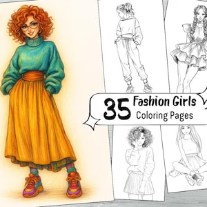 35 målarbilder med modeflickor, målarbok för snygga kvinnor, utskrivbara modeillustrationer i gråskala, digital nedladdning