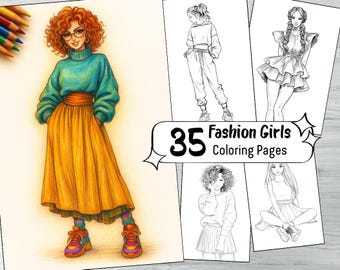 35 kleurplaten modemeisjes, stijlvolle vrouwen kleurboek, afdrukbare mode-illustraties in grijstinten, digitale download