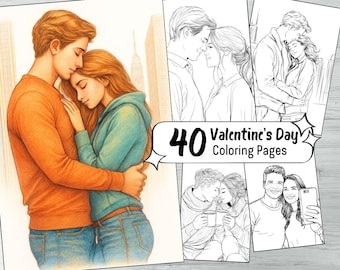 40 Loving Couples Coloring Pages, Realistic Romance Coloring Book, Valentine’s Day Printable Grayscale, Digital Download