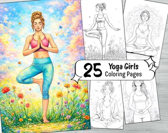 May include: A vibrant illustration of a woman in a yoga pose, wearing a pink top and blue leggings, with flowers and butterflies. The image is part of a set of 25 Yoga Girls Colouring Pages.