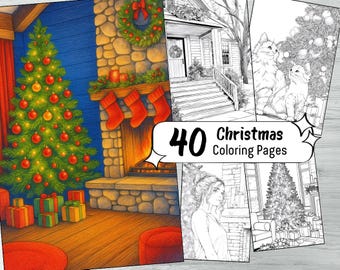 40 Christmas Tree Coloring Pages, Festive Holiday Coloring Book, Printable Grayscale Coloring Sheets, Digital Download