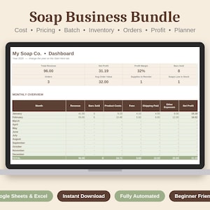 May include: A digital soap business bundle dashboard displayed on a laptop screen. The interface includes sections for cost, pricing, batch, inventory, orders, profit, and planner, with a monthly overview table tracking revenue, bars sold, and net profit.