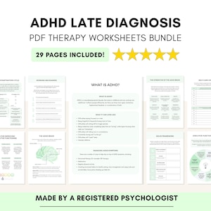 ADHD Late Diagnosis Therapy Worksheets for Executive Function & Neurodiversity (PDF Digital Download)