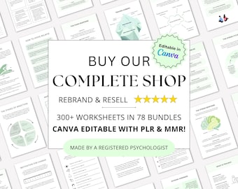Therapiewerkbladen Hele winkel megabundel, canva bewerkbare hulpmiddelen voor geestelijke gezondheid met PLR en MRR