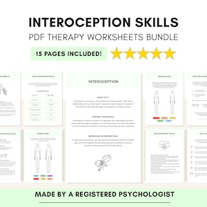 May include: A collection of PDF therapy worksheets titled "Interoception Skills." The bundle includes 15 pages with topics like "Soothing Breath" and "Self-Soothing Touch." The worksheets are designed by a registered psychologist.