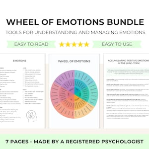 Wheel of Emotions Self-Therapy Handout Bundle for Understanding Emotions, Emotional Regulation and Emotional Processing for Adults and Teens