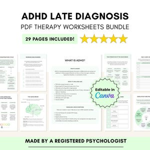 ADHD Late Diagnosis Worksheets, Canva Editable with Private Label and Master Resell Rights