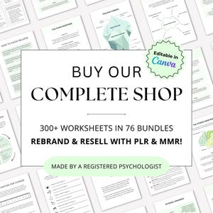 Può includere: Una raccolta di fogli di lavoro con il testo "ACQUISTA IL NOSTRO NEGOZIO COMPLETO" e "OLTRE 300 FOGLI DI LAVORO IN 76 PACCHETTI". I fogli di lavoro sono etichettati con titoli come "COME EVITARE LE RICADUTE" e "LE FASI DELLA DIPENDENZA". L'immagine include anche il testo "REBRAND & RESELL WITH PLR & MMR!" e "FATTO DA UNO PSICOLOGO REGISTRATO".