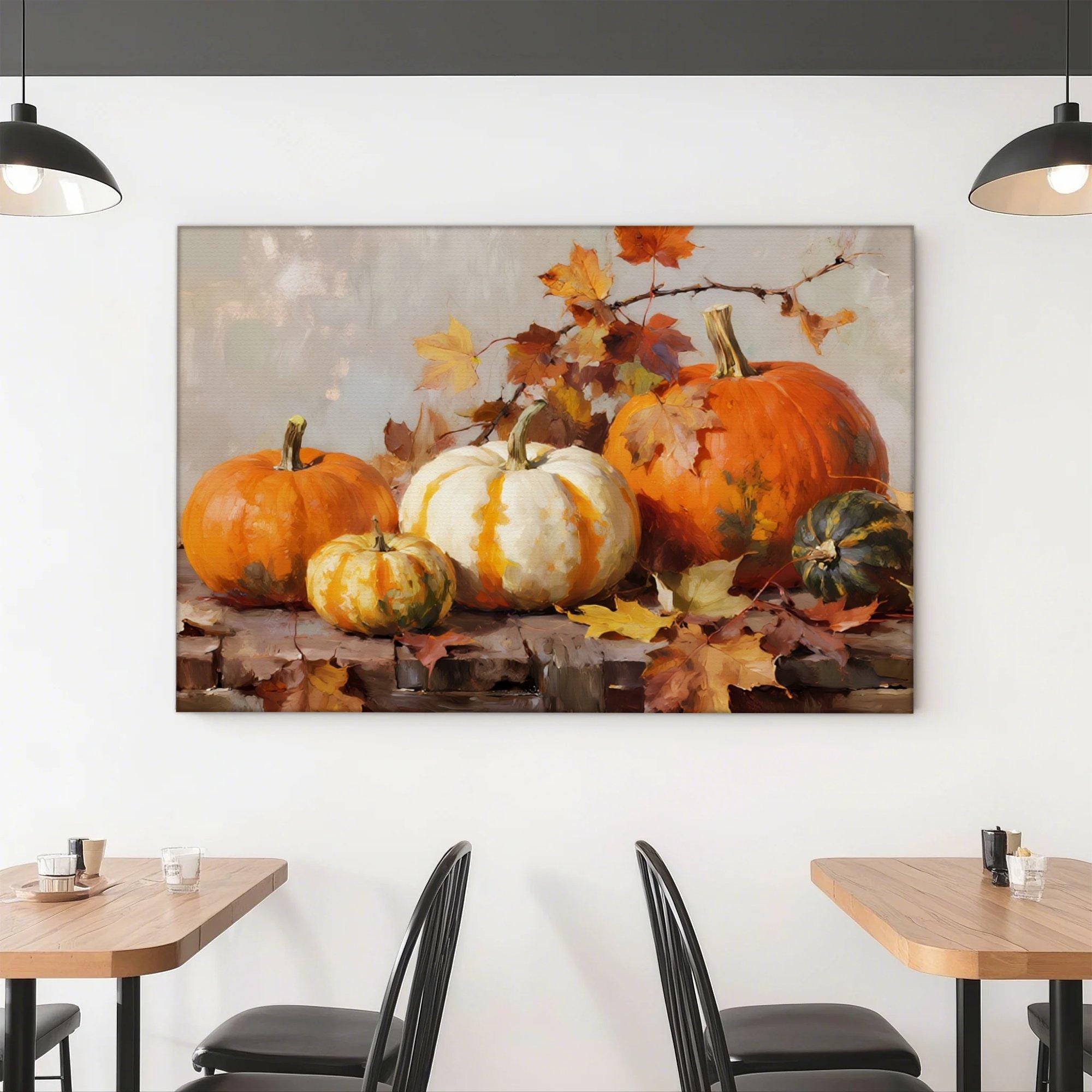 Pumpkin and Autumn Leaves Oil Painting – Fall Harvest Still Life Canvas ...
