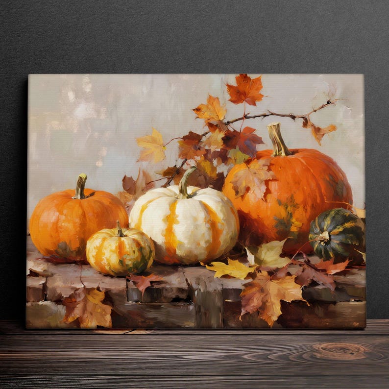 Pumpkin and Autumn Leaves Oil Painting – Fall Harvest Still Life Canvas ...