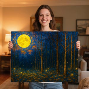 Arte de pared con luna, impresión horizontal botánica de bosque mágico, arte de pared de paisaje para el hogar y la oficina, lienzo con vista al cielo nocturno.