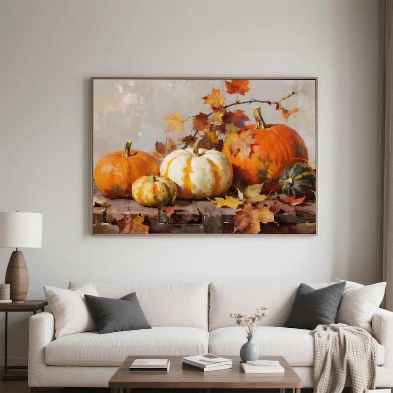 Pumpkin and Autumn Leaves Oil Painting – Fall Harvest Still Life Canvas ...