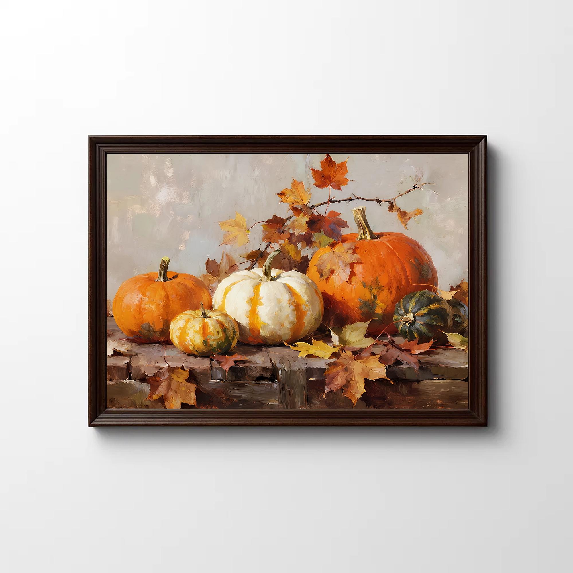 Pumpkin and Autumn Leaves Oil Painting – Fall Harvest Still Life Canvas ...