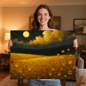 Wildflowers Field Unframed Wall Art,Rustic Farmhouse Wall Decor,Vintage Floral Canvas Art,Botanical Landscape Large Canvas Print