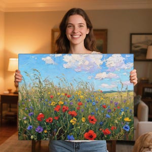 Buy 3 Get 1 Free, Spring Wildflowers Field Wall Art,Floral Decor, Botanical Landscape Canvas Art,Modern Farmhouse Canvas Art