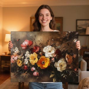 Fall Floral Art, Floral Painting, Wall Art Decor, Vintage Floral Art, Dark Moody Flower Painting, Home Decor, Gift for Her, Floral Decor