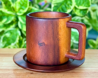 Hand Carved Wood Coffee Mug and Saucer Set: Rustic Teak Wood Teaware