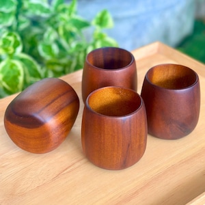 May include: Four wooden cups and an oval wooden object are arranged on a light brown wooden tray. The cups are a rich brown colour with a smooth, polished finish. The oval object is also brown and has a similar finish. Green foliage is in the background.