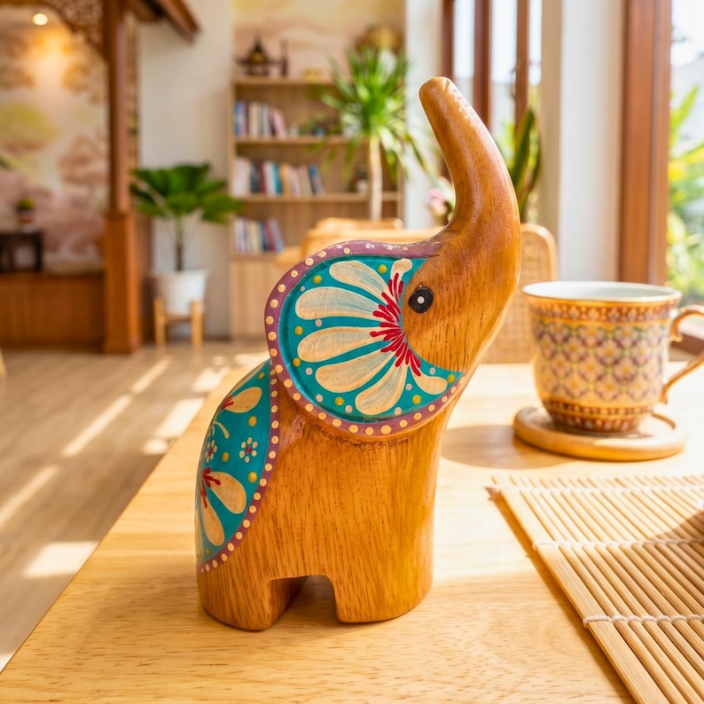 May include: A wooden elephant figurine with hand-painted details. The elephant is brown with teal, red, and yellow accents on its ears and body. The trunk is raised, and the figurine is on a wooden table.