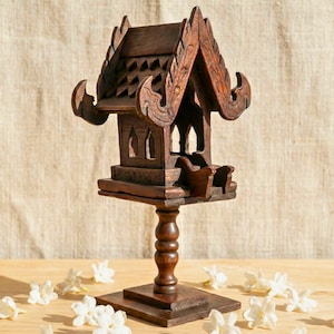 Hand Carved Teak Wood Spirit House Shrine on Pedestal: Thai Altar Decor