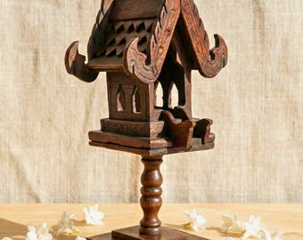 Teak Wood Spirit House, 8 Inch Miniature Shrine on Pedestal, Housewarming Gift for Minimalist