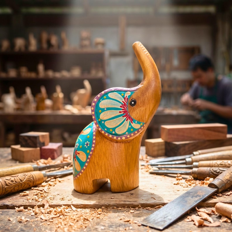 May include: A handcrafted wooden elephant figurine with a trunk raised high. The elephant is painted with teal, red, and yellow floral designs on its ears and body. The figurine sits on a wooden table with wood shavings and carving tools.