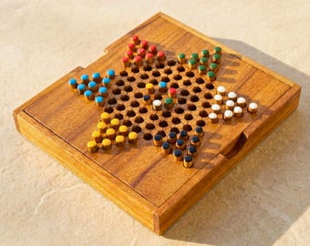 Set da dama cinese in legno intagliato a mano: gioco da tavolo portatile rustico, giocattolo e puzzle