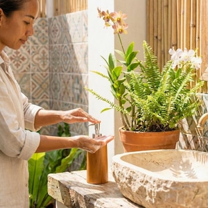 May include: A person using a wooden soap dispenser with a silver pump. The dispenser is on a rustic wooden surface near a stone sink and potted plants. The background includes patterned tiles and bamboo.