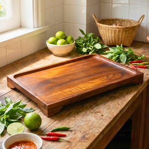 Puede incluir: Una bandeja rectangular de madera para servir con borde elevado, que muestra un color marrón intenso y veta natural. Limas, chiles y hierbas frescas están dispuestas alrededor de la bandeja, sugiriendo un tema culinario.