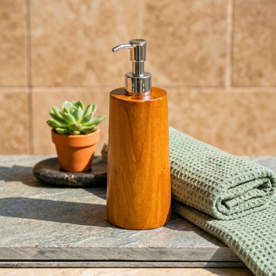Hand Carved Teak Upcycled Wood Soap Dispenser: Rustic Bathroom Decor