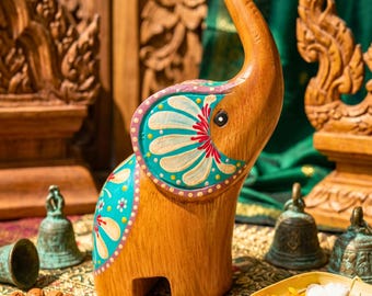 Teak Wood Elephant Statue 6 Inch Lotus Folk Art Sculpture for Zen Home Decor
