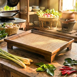 Handcrafted Rectangular Serving Tray- Woven Rattan Elevated Riser for Serving & Tea Set Display