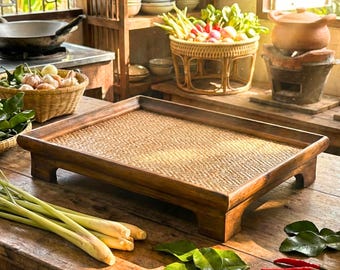 Handcrafted Rectangular Serving Tray- Woven Rattan Elevated Riser for Serving & Tea Set Display