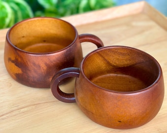 Hand Carved Wooden Coffee Mug Set: Two Teak Wood Tea Cups