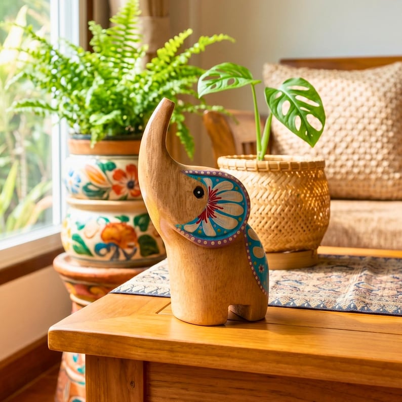 May include: A wooden elephant figurine with painted blue, white, and red accents on its ears and head. The elephant is displayed on a wooden table, with potted plants in the background. The figurine is a decorative item.