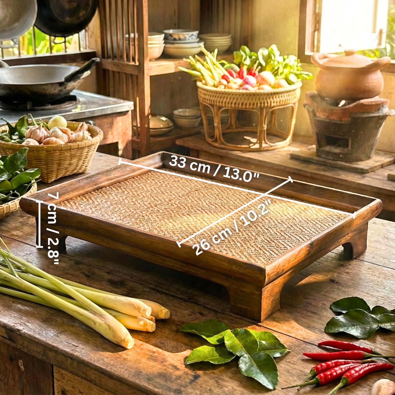 Service Tray Riser Handcrafted Rectangular Serving Tray- Woven Rattan Elevated Riser for ...