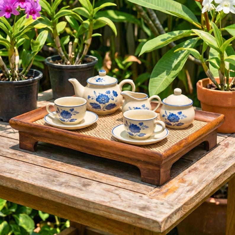 Service Tray Riser Handcrafted Rectangular Serving Tray- Woven Rattan Elevated Riser for ...