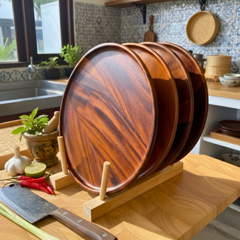 May include: A stack of four round wooden serving platters with a rich, reddish-brown grain pattern. The platters are displayed on a light-colored wooden stand. The kitchen setting includes a cutting board, knife, and fresh ingredients.