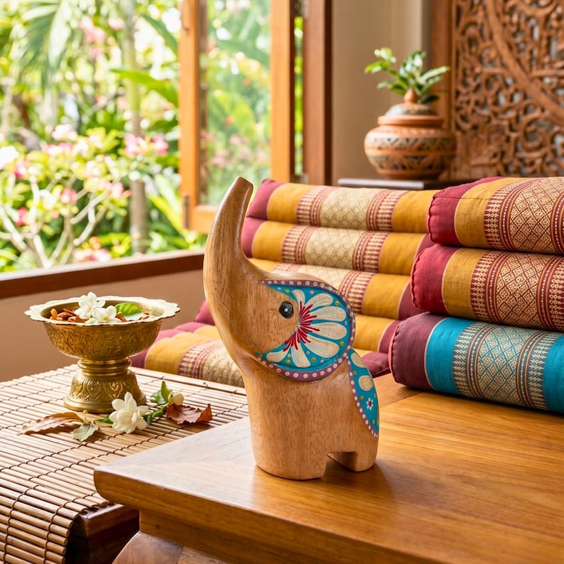 May include: A wooden elephant figurine with painted blue, red, and white details stands on a wooden table. The elephant has an upturned trunk and is next to a brass bowl and colorful pillows. The background includes a window and decorative items.