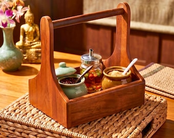 Teak Wood Condiment Holder, 9 Inch Tabletop Caddy, Anniversary Present for Home Chef