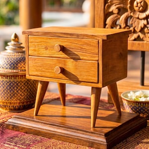 Puede incluir: Un pequeño cofre de madera con dos cajones horizontales, cada uno con un pomo redondo. El cofre se apoya sobre cuatro patas cónicas y descansa sobre una base rectangular de madera, mostrando un acabado de veta de madera marrón claro.