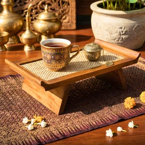 Acacia Wood Serving Tray, 10 Inch Rattan Elevated Riser, Housewarming Gift for Minimalist