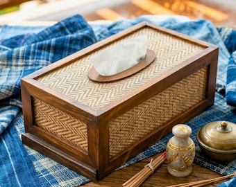 Pudełko na chusteczki z drewna tekowego w stylu rustykalnym, 11 cali, prostokątne, z pokrywką