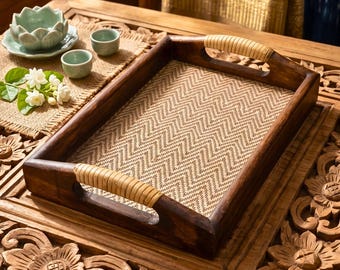 Acacia Wood Serving Tray, 11 Inch Rattan Coffee Platter, Organic Modern Wedding Gift