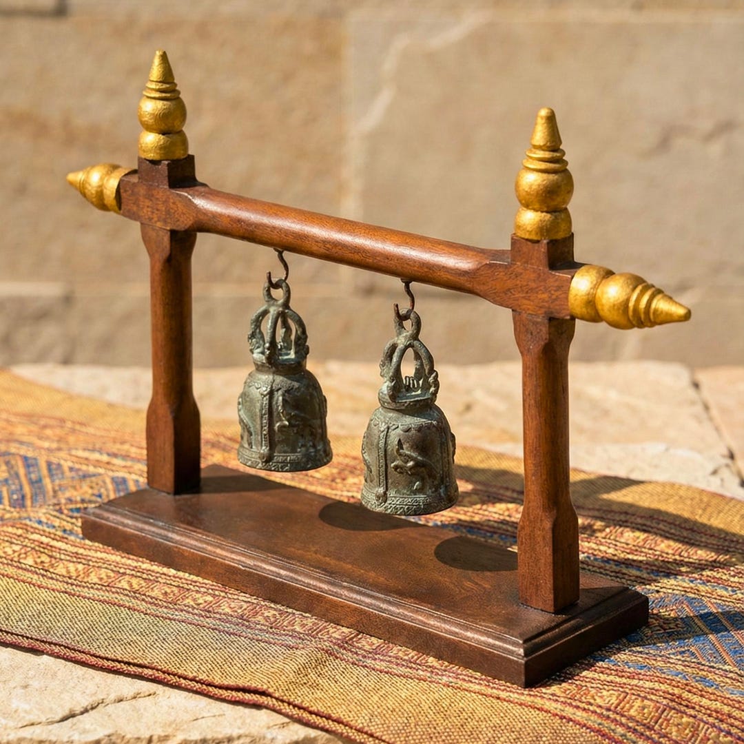 Hand Carved Teak Wood Double Bell Frame: Traditional Thai Temple Decor ...