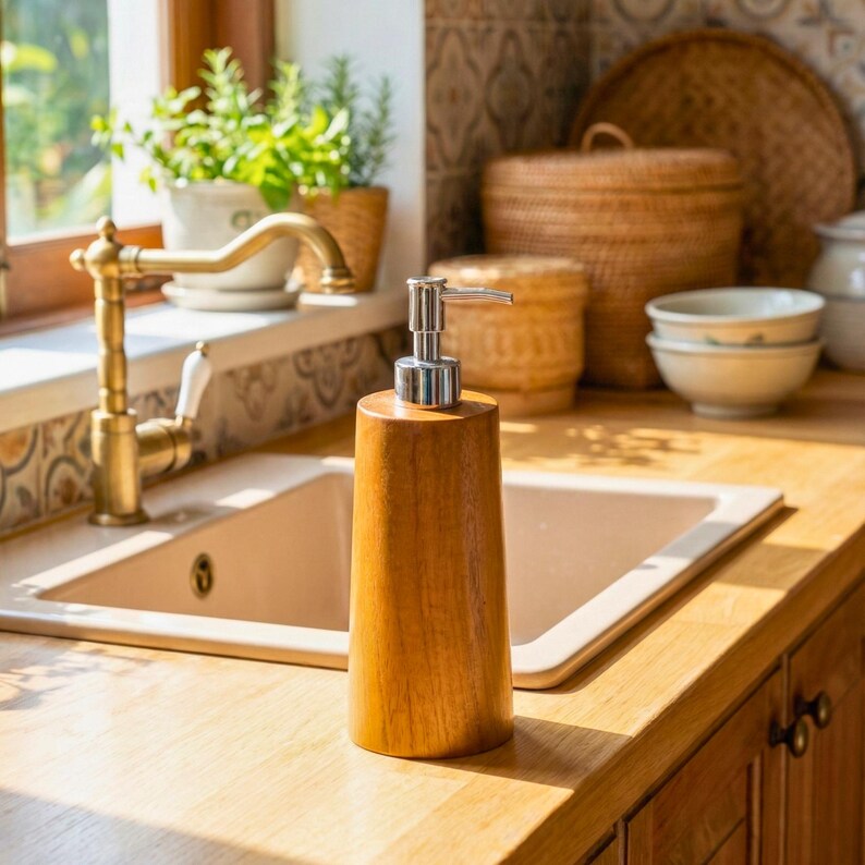 May include: A wooden soap dispenser with a silver pump sits on a wooden countertop. The dispenser is cylindrical and has a light brown finish. A brass faucet and a white sink are visible in the background, along with plants and woven baskets.