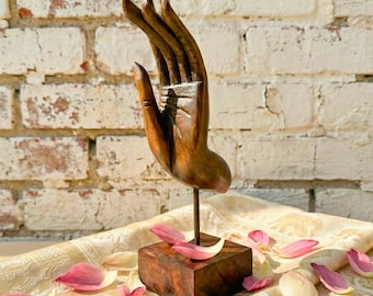 Hand Carved Wood Mudra Sculpture: Abhaya Gesture, Vintage Zen Decor Gift
