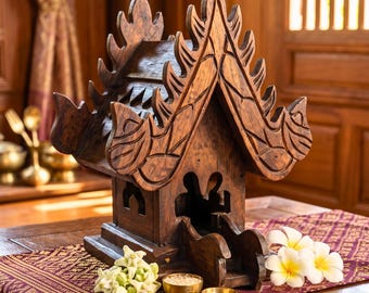 Teakhouten spiritueel huisje, 15 cm miniatuur heiligdom, spiritueel cadeau voor meditatieliefhebbers