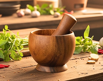 Hand Carved Wooden Mortar and Pestle: Spice Grinder Kitchen Tool